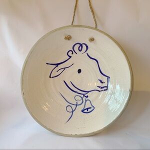Blue, white hand painted cow on terracotta bowl wall hanging 12”
